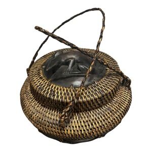 Antique Filipino Ifugao Ulbong Rice Basket Handwoven Bamboo Early 1900's Lizard